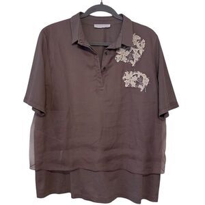 Fabiana Filippi Embroidered Silk and Cotton Contrasting Polo Shirt XXL Purple